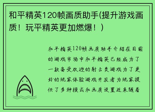 和平精英120帧画质助手(提升游戏画质！玩平精英更加燃爆！)